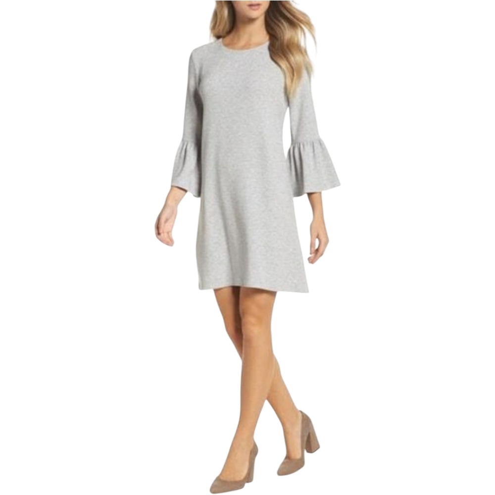 French Connection Paros Sudan Grey Bell Sleeve Knit Shift Dress 6 Minimalist